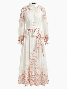 ZEYLAH 女士印花长袖单排扣优雅衬衫裙 - 杏色 - 查看 1