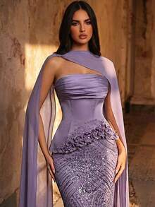 Glamrae Elegantes braunes luxuriöses Paillettenspitze-Patchwork-Kleid mit Off-Shoulder Meerjungfrauensaum und verstellbarer Krawatte, geeignet für Dates, Urlaub, Singles-Partys, Hochzeiten, formelle Anlässe - Violett - Übersicht 3