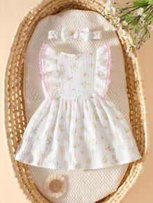 SHEIN 1pc Infant Summer Clothes, Ditsy Floral Cap Sleeve + Bow Headband, Sweet Princess Style Open Front Dress - White - View 2