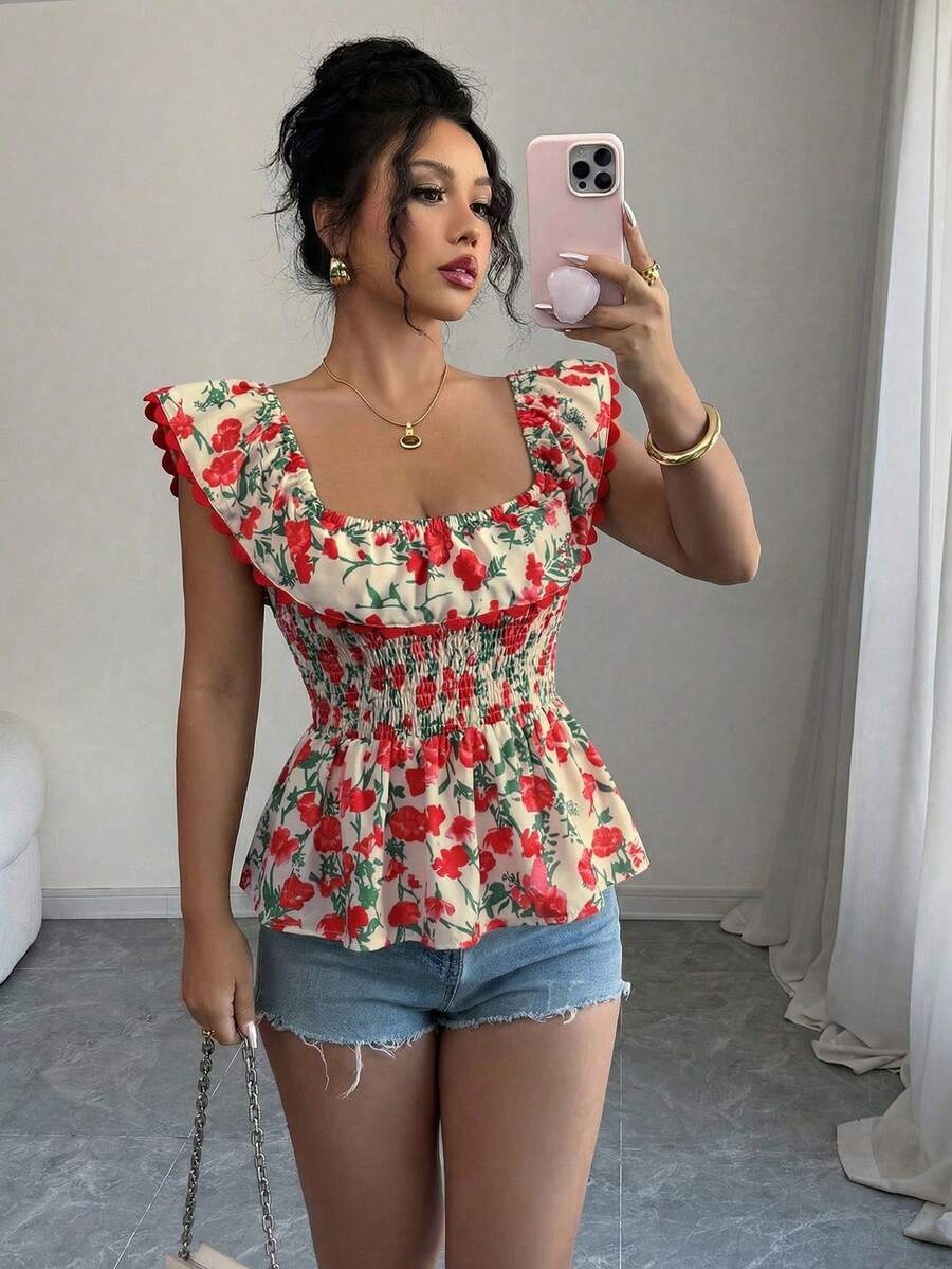 Elenzga Women's Romantic Floral Print Ruffle Collar Blouse, Spring/Summer - Multicolor - View 1