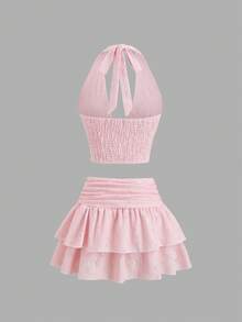 Sweetra 女士性感纹理刺绣吊带上衣和迷你百褶蛋糕裙套装 - 粉色 - 查看 2