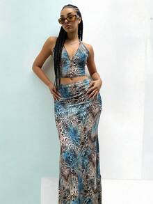 Slouenne Slouenne 女士V领吊带背心和豹纹半身裙两件套 - 藍色 - 查看 6