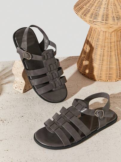 SHUZIA #ResortChic 男士高级油鞣仿皮灰色后系带渔夫凉鞋 – 耐用编织，贴合稳固，日常穿着舒适