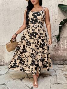 Breezaya Women's Khaki & Black Ditsy Floral Spaghetti Strap Backless Dress, Layered Flowy Skirt, Vacation/Picnic With Friends, Summer Beach Date Dress - Multicolor - View 1