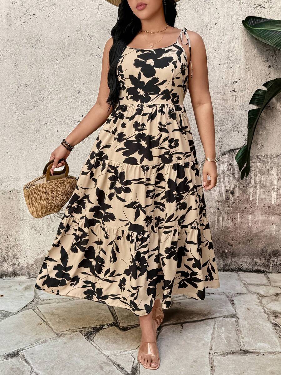 Breezaya Women's Khaki & Black Ditsy Floral Spaghetti Strap Backless Dress, Layered Flowy Skirt, Vacation/Picnic With Friends, Summer Beach Date Dress - Multicolor - View 1