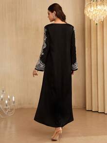 Layrah Elegant & Luxurious Black Beaded & Rhinestone Sweetheart Neck Flare Sleeve Dress, Spring/Summer  Modest Full Length Jalabiya, Casual Long Sleeve Maxi Dress - Black - View 3
