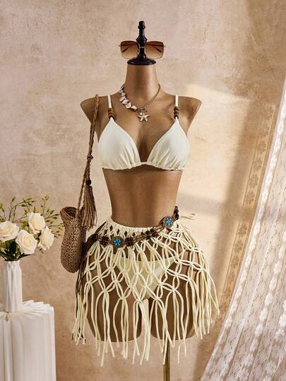 Bellisia Women's Summer Vacation Beach Beaded Detail Bikini Set And Tassel Hem Skirt Swimwear Set