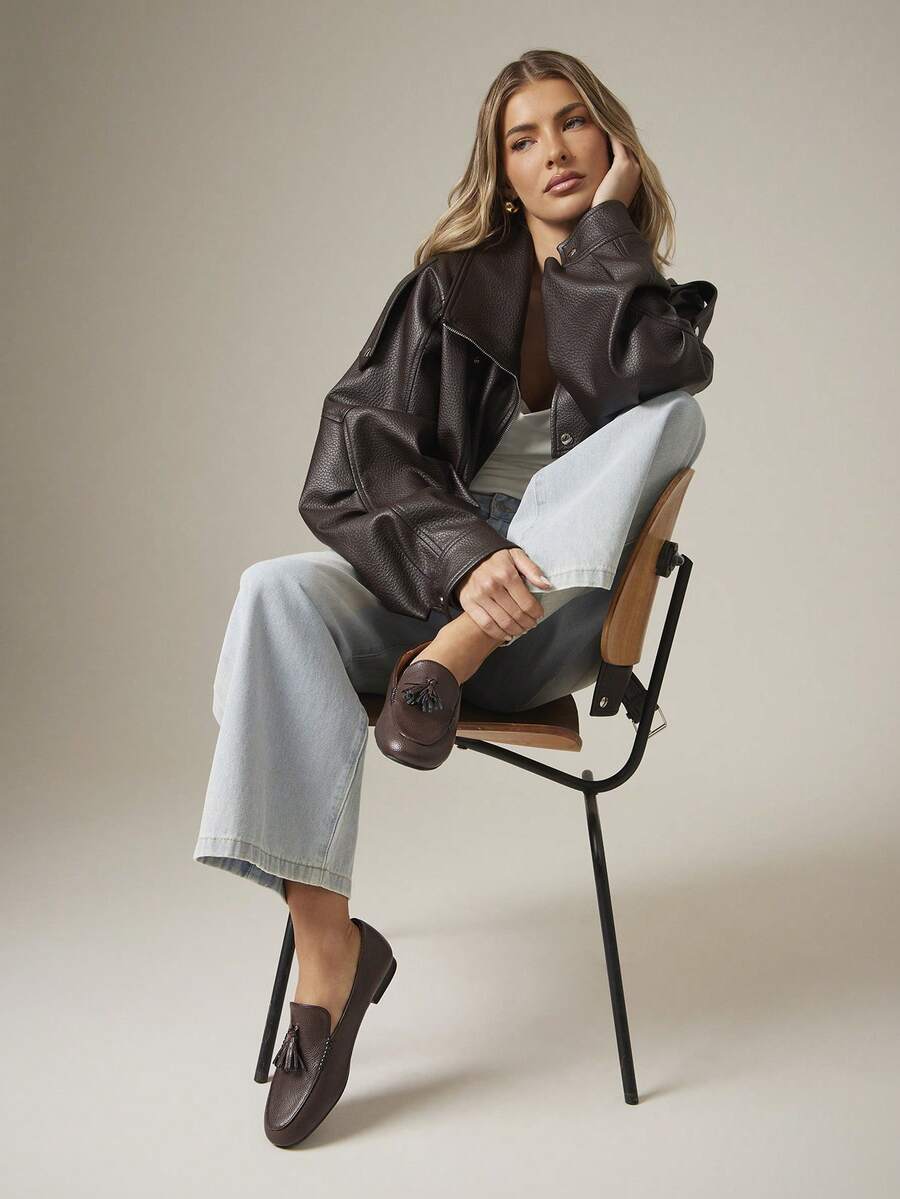 SHUZIA Women's Pebbled Faux Leather Coffee Tassel Loafers – Soft Lining, Chic Minimal Design & All-Day Comfort - Coffee Brown - View 1