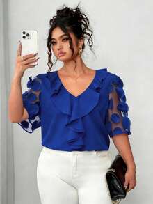 Elenzga 大码女式薄纱泡泡袖纯色V领荷叶边下摆上衣，夏季 - 寶藍色 - 查看 4