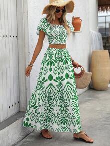 Breezaya Women's Summer Vacation Allover Print Ruffle Hem Crop Top And Skirt 2 Pieces Set - Green - View 5
