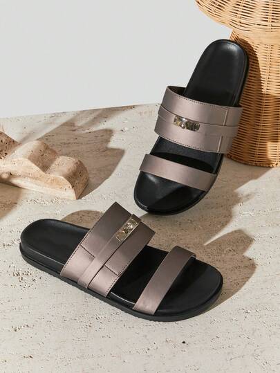 SHUZIA Men's Metal-Bit Decor Wide Straps Soft-Footbed Matte Pewter Slide Sandals – Minimal,  Easy Everyday Comfort From Yacht To Beach