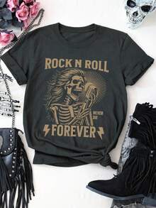 EMERY ROSE Áo thun cổ tròn tay ngắn thời trang cỡ lớn in hình chữ cái in hình bộ xương đang hát và khẩu hiệu. - Màu xám đen - Xem 3