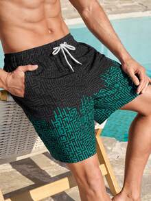 Manfinity Swimmode Men's Summer Vacation Casual Fashion Allover Print Contrast Color Drawstring Waist Slant Pocket Loose Beach Shorts Men Matching Swim Trunks Swim Trunks For Men Beachwear For Men Men Swim Trunks Shorts Men Swim Trunks, Hawaiian Men's Swim Trunks Geometric Print Swim Shorts Men's Pool Shorts Men's Geometric Swim Shorts Beachwear Men Men's Beachwear Men's Swim Trunks Geometric Black Graphic Shorts Men Pool Clothes Men - Blue - View 7