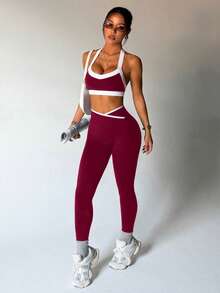 Dewbera 女士撞色滚边露背吊带背心和V腰紧身打底裤运动套装 - 酒紅色 - 查看 6