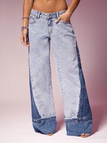 Denimoi Quần Jeans Denim Ống Rộng Hai Tông Màu Colorblock Quần Jeans Có Tấm Thời Trang Đường Phố Thu Đông Thời Trang - Nhiều màu - Xem 4