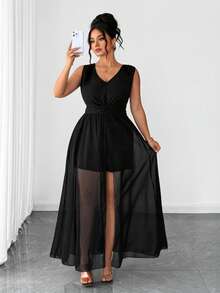 Elenzga 大码女士优雅休闲度假简约褶皱无袖腰部抽绳雪纺半透明拼接开衩下摆短裤连体裤 - 黑色 - 查看 6