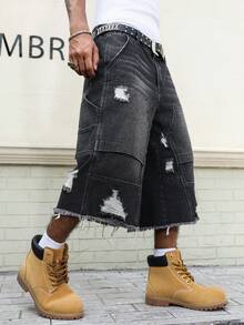 Manfinity EMRG Quần short denim đen nam kiểu dáng thường ngày, rách gấu. - màu đen - Xem 1