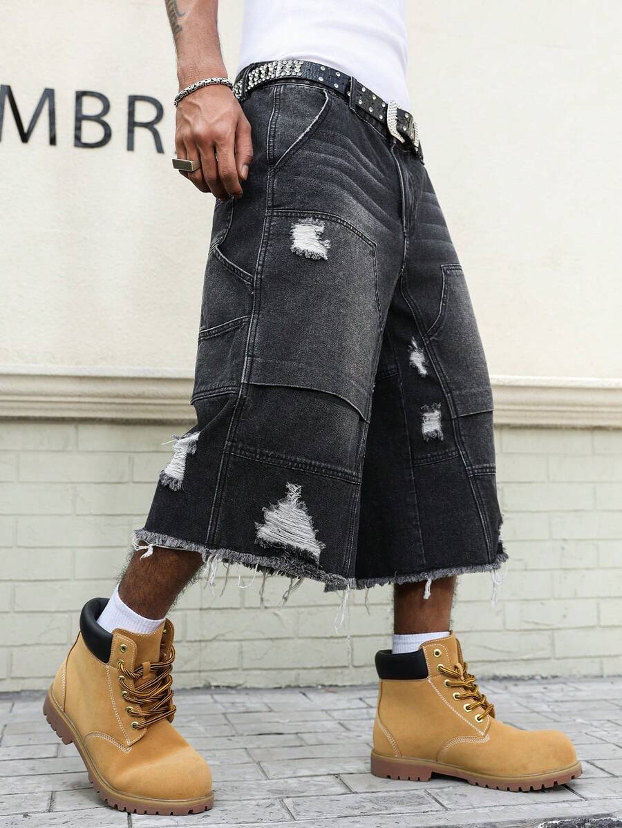 Manfinity EMRG Quần short denim đen nam kiểu dáng thường ngày, rách gấu. - màu đen - Xem 1