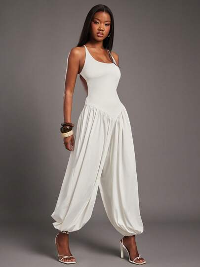 NYA SZN Mono sin mangas con tirantes finos, pierna de pantalón globo ajustado, suelto y holgado, para uso casual de negocios, diario, vacaciones, viajes, aeropuerto y playa para mujeres