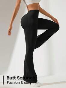 Easithlete 2pcs Seamless Knit Black + Burgundy Women Sports Flare Pants, V-Waist Lifting - Multicolor - View 4