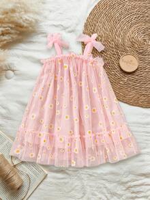 SHEIN Vintaside Kids 可爱优雅的女婴碎花网纱连衣裙，喇叭裙摆 - 粉色 - 查看 4