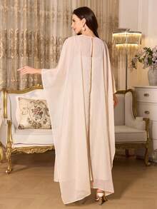 SHEIN Elenzya Women's Elegant Apricot Round Neck Midi A Line Dress With Cloak Sleeves - Apricot - View 2