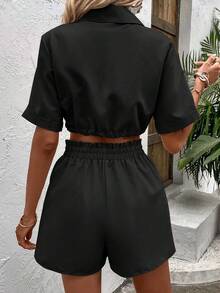 SHEIN LUNE Bộ đồ nữ thường ngày màu trơn gồm áo khoác cổ tàu và quần short, thích hợp cho mùa hè. - màu đen - Xem 2