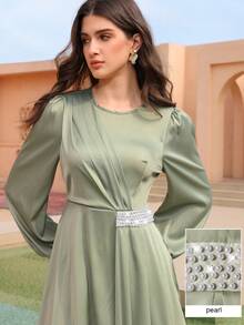 Graceveil Elegant Women's Beaded Asymmetrical Ruched Waist Long Sleeve Blouse, Slim Fit, High-End French Style - Green - View 3