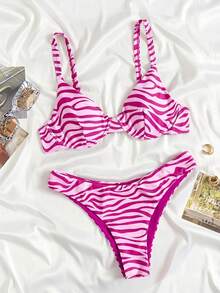 SHEIN Swim Set Bikini Tali Tipis dengan Motif Cetak Seluruh Permukaan - MultiWarna - View 1
