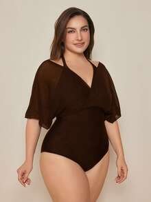 Swim Basics 2026 New Elegant Plus Size One-Piece Swimsuit For Beach Vacation, Slimming Chic Plus Size One-Piece Swimwear, Brown - Brown - View 5
