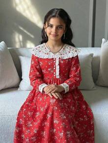 SHEIN Tween Girl Woven Colorblock Ruffle Collar Floral Patchwork Dress, Spring/Summer Vacation Dress - Red - View 1