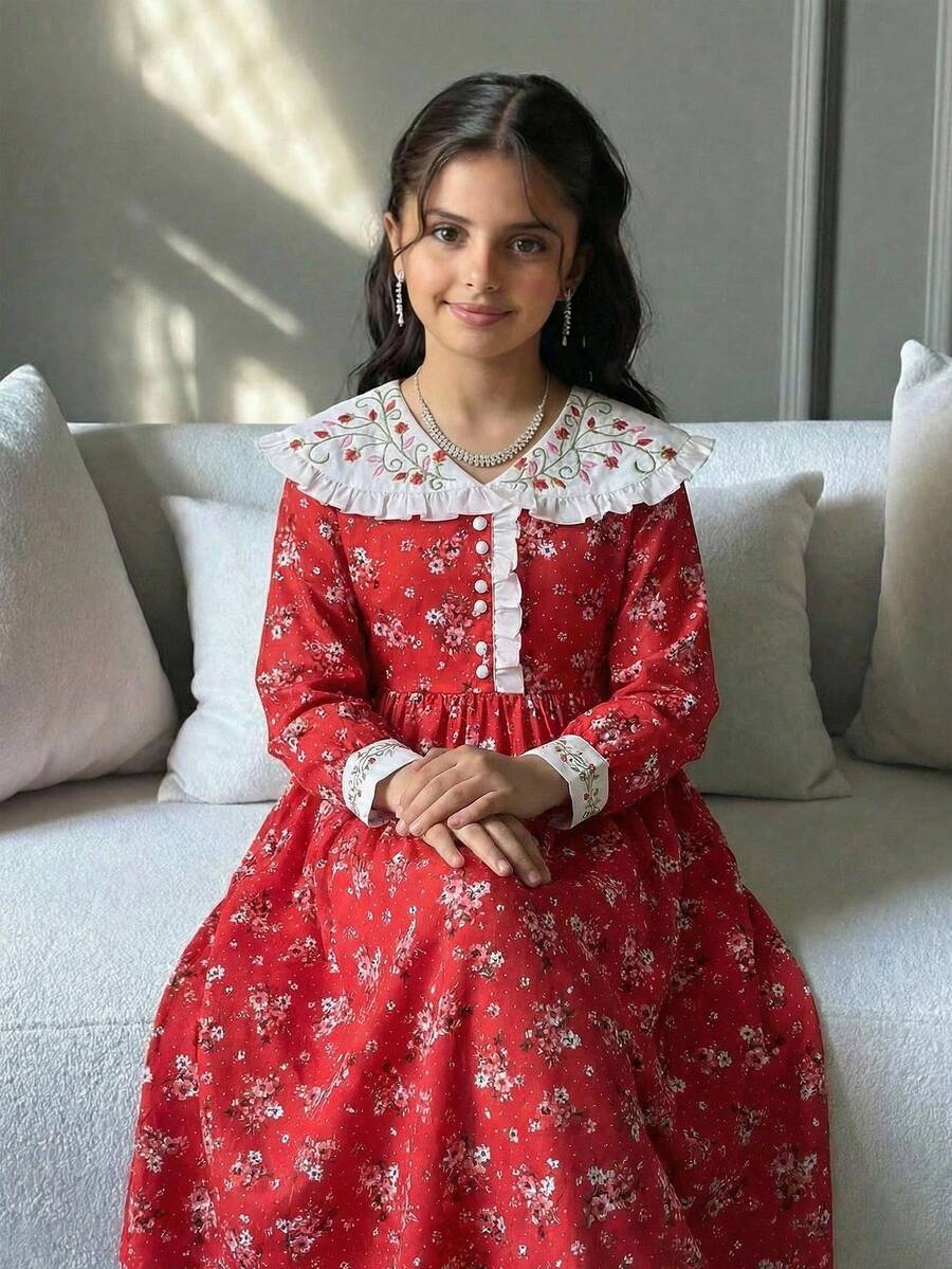 SHEIN Tween Girl Woven Colorblock Ruffle Collar Floral Patchwork Dress, Spring/Summer Vacation Dress - Red - View 1