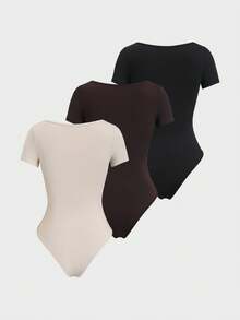 Sweetra 3pcs/Set Bodysuit Wanita Musim Panas Basic Sehari-hari Slim Fit Leher Persegi Lengan Pendek, Aprikot, Cokelat Kopi dan Hitam, Minimalis Serbaguna untuk Perjalanan Sehari-hari - MultiWarna - View 2