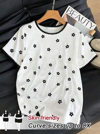 SHEIN CURVE+ Plus Size Women's Floral Print Round Neck Short Sleeve T-Shirt, Casual Tee For Summer