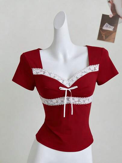 Sweetra Romantic, Sexy, Cute, Soft, Elegant, Chic, Sweet Girl, Retro, Pure, Date, Casual, Outing, Party, Valentine's Day Short Sleeve Bow Collar Color Block White Lace Splice Red Women's T-Shirt Top, Spring/Summer/Autumn