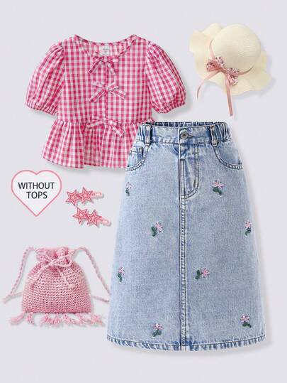 1pc Toddler Girls' Denim A-Line Skirt, Sweet & Cute Countryside Style Casual School Outfit, Light Blue Denim With Floral Embroidery Decor, Loose Fit Flattering, Elastic Waist & Button Front Closure, Comfortable Summer Wear