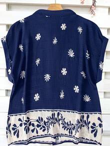 SHEIN LUNE CURVE 大码亚麻休闲度假沙滩复古印花开襟短袖衬衫 - 藏蓝色 - 查看 2