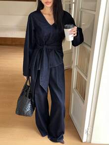 女士V领长袖打结腰身牛仔上衣搭配牛仔裤休闲装 - 藍色 - 查看 9