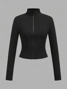 SHEIN EZwear 秋季新款 2件組高彈力羅紋針織拉鍊長袖女款T恤，白色與黑色，適合日常通勤、聚會、秋冬夏季、聖誕節、新年、感恩節、派對、婚禮、海灘、畢業、優雅、外出、約會、通勤、情人節、優雅、度假 - 彩色 - 查看 5