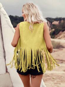 Breezaya Solid Color Fringe Hem Rivet Decor Casual Sleeveless Jacket - Light Yellow - View 2