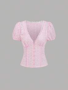 Sweetra Light Pink Summer Cute Blouse For Women,Dates Girly V-Neck Patchwork Ruffle Puff Sleeve Embroidered Floral Slim Fit Soft Top,Music Festival - Pink - View 1