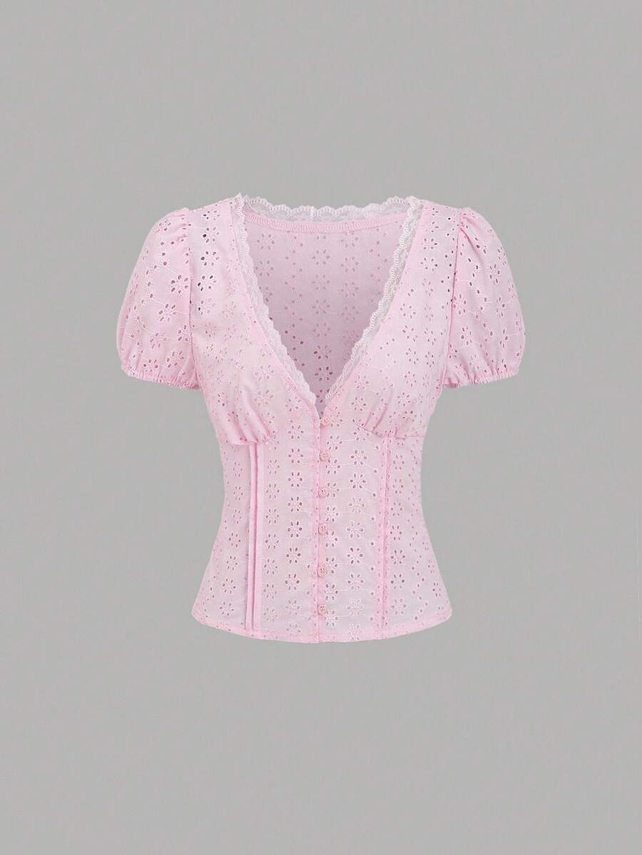 Sweetra Light Pink Summer Cute Blouse For Women,Dates Girly V-Neck Patchwork Ruffle Puff Sleeve Embroidered Floral Slim Fit Soft Top,Music Festival - Pink - View 1