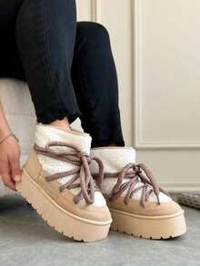 Botines de mujer botas afelpadas de piso botines para dama calzado de invierno cómodo casual botines cortos suela antideslizante acojinadas botas de fiestas festivales trabajo escuela botines cortos casuales  botas womens boots shoes SensShoes - Beis - Ver 2