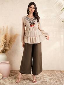 SHEIN Women's Summer Linen-Feel Solid Casual Wide Leg Pants, Adjustable Elastic Waist Maternity Pants - Brown - View 7