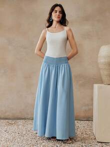 Anewsta Women's Blue And White Summer Vacation Outfit,Elegant Minimalist Knit Camisole Splicing Woven Flared Casual Dress,Baby Blue Long Dress - Blue - View 4