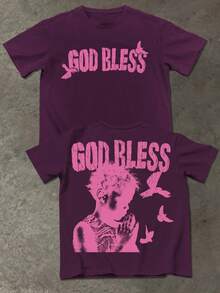 Manfinity EMRG 男士字母和数字印花圆领短袖休闲百搭T恤 - 紫色 - 查看 4