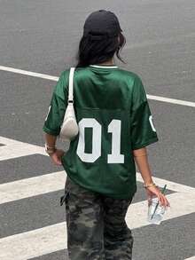 Áo thun thể thao cổ chữ V tay ngắn in họa tiết lưới vá màu xám phong cách đường phố xuân/hè cho bé gái tuổi teen - màu xanh lá - Xem 2