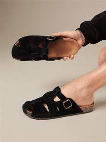 SHUZIA Men's Comfortable Arch Support Buckle Strap Round Toe Cork Footbed Clogs - Black - View 5