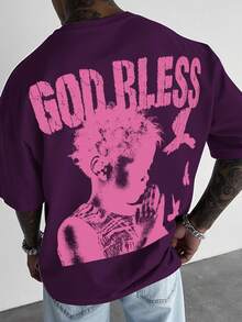 Manfinity EMRG 男士字母和数字印花圆领短袖休闲百搭T恤 - 紫色 - 查看 1