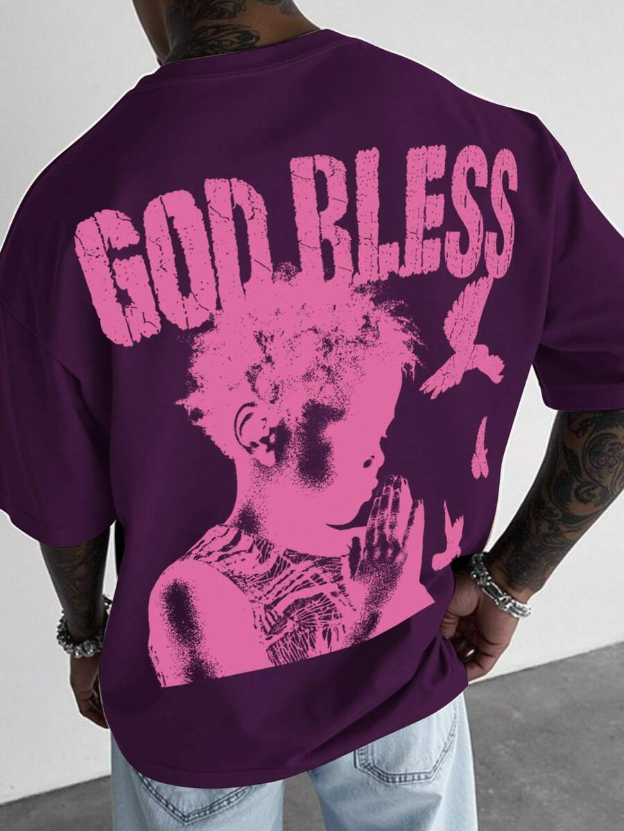 Manfinity EMRG 男士字母和数字印花圆领短袖休闲百搭T恤 - 紫色 - 查看 1